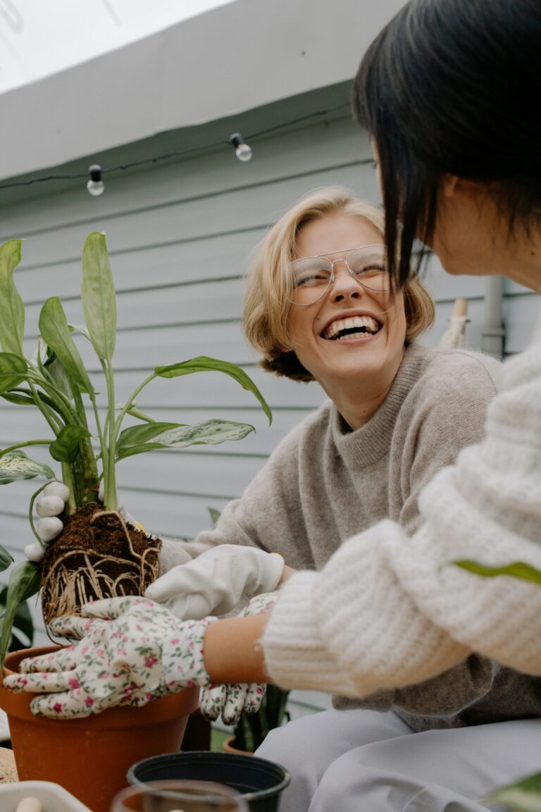 Two women happily gardening outdoors, planting a houseplant in a pot.